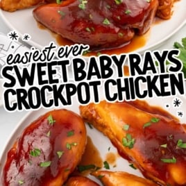 chicken topped with Sweet Baby Rays and garnished with parsley on a plate