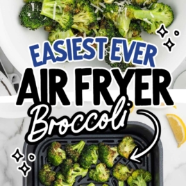 Overhead shot of pieces of broccolis in a air fryer