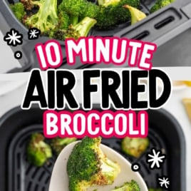 Overhead shot of pieces of broccolis in a air fryer being picked up by a spoon