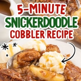 a close up shot of a piece of Snickerdoodle Cobbler on a plate with a spoon grabbing a piece