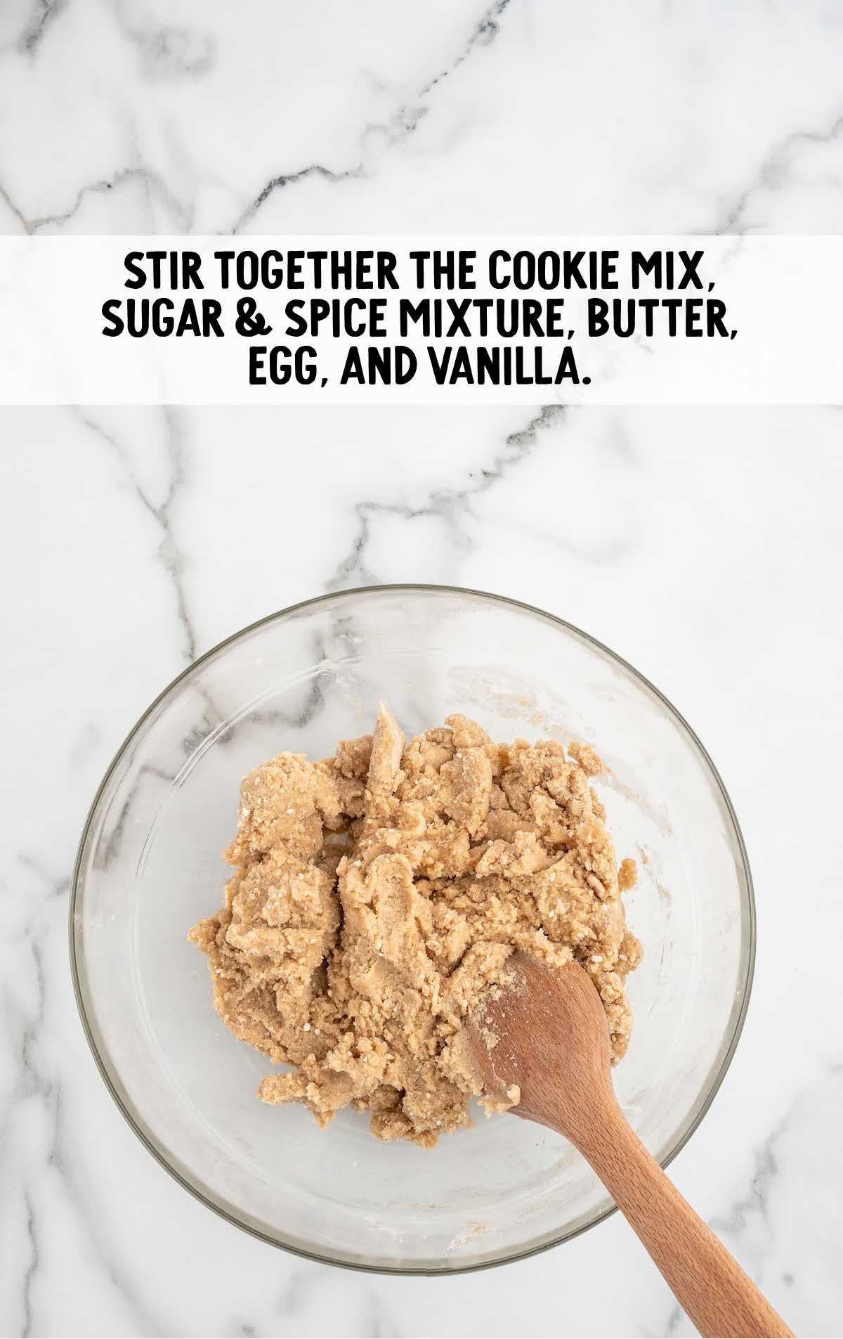 cookie mix, sugar, and spice mixture, butter, egg, and vanilla stirred together