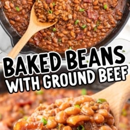 a skillet of Baked Beans with Ground Beef garnished with green onions