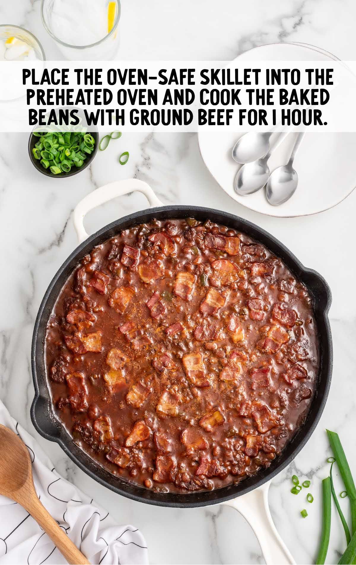 Baked Beans with Ground Beef cooked in a skillet