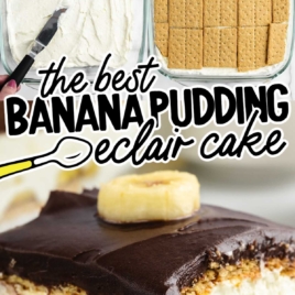 a slice of Banana Eclair Cake topped with a slice of banana on a plate