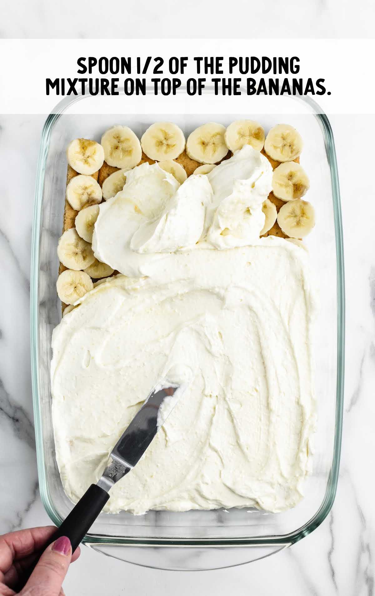 pudding mixture spread on top of the banana slices