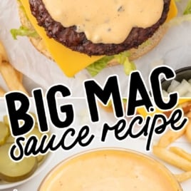 a bowl of Big Mac Sauce with a burger and fries