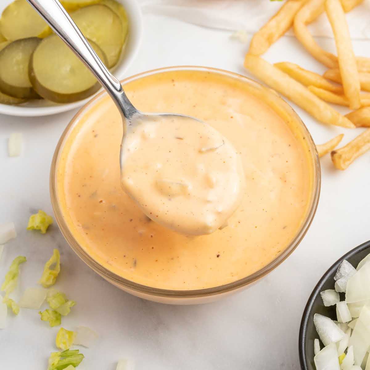 a bowl of Big Mac Sauce with fries