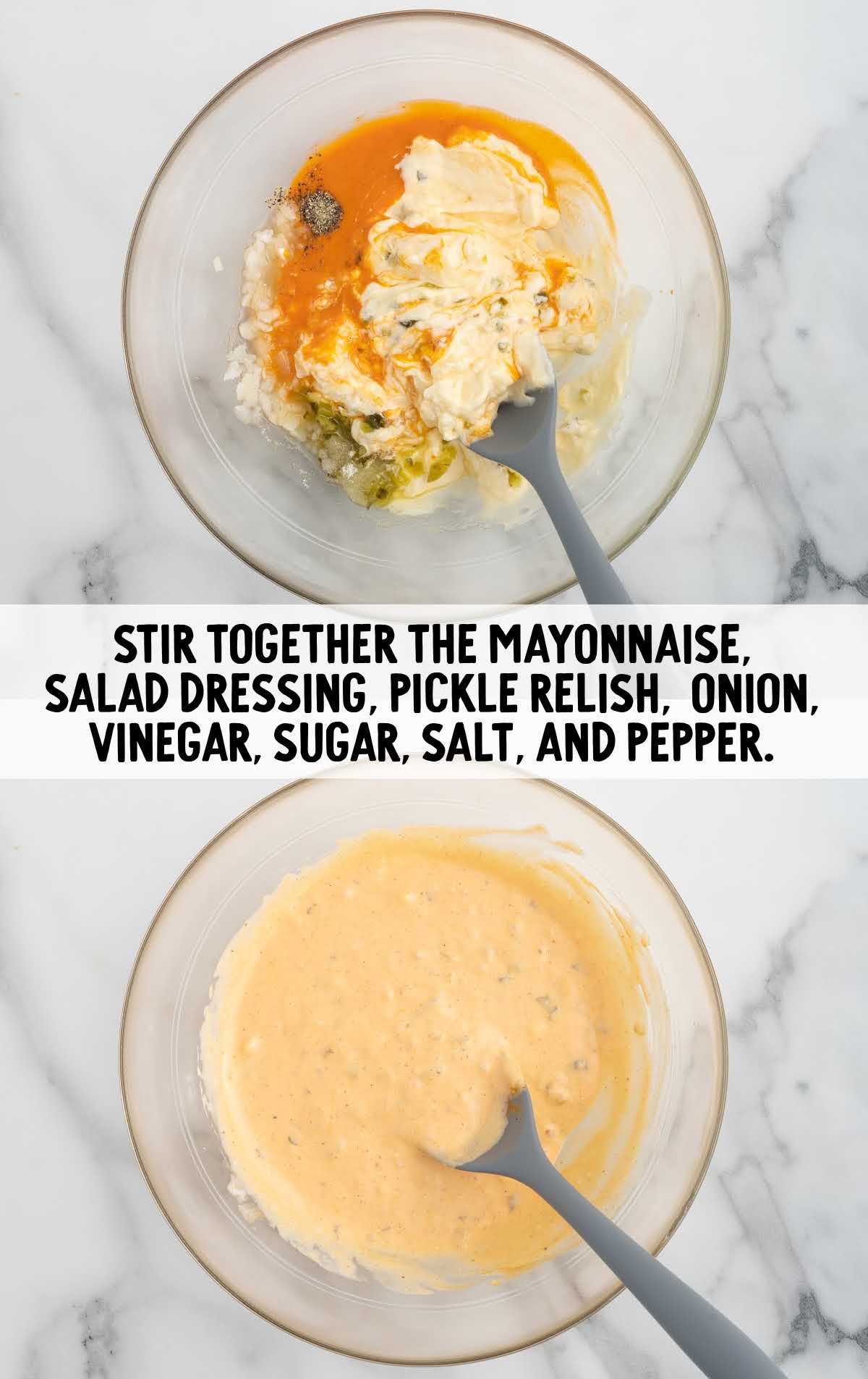mayonnaise, bottled French salad dressing, sweet pickle relish, finely minced white onion, apple cider vinegar, granulated sugar, salt, and black pepper combined in a bowl