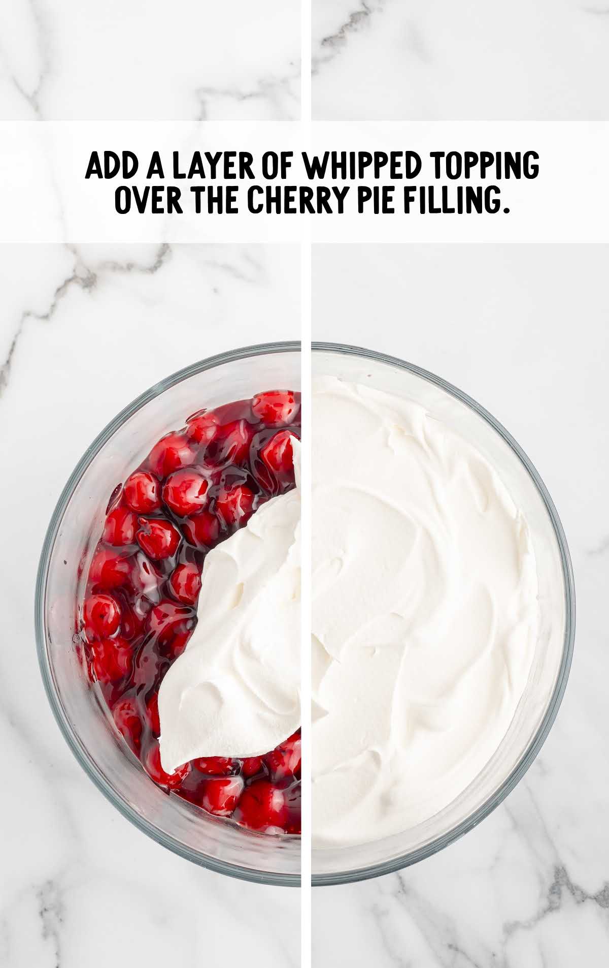 whipped topping spread over the cherry pie filling