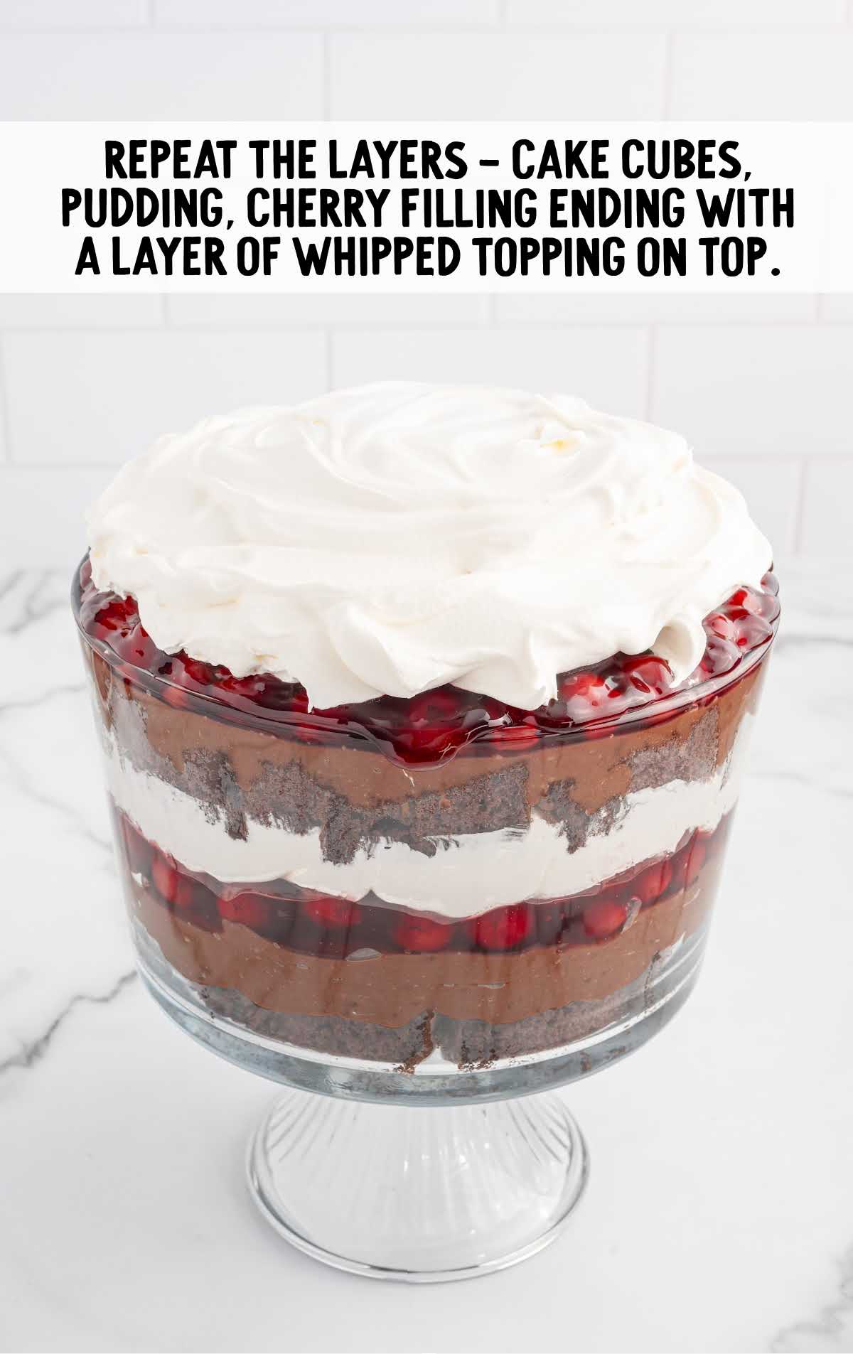 jar layered with cake cubes, pudding, cherry pie filling, then whipped topping