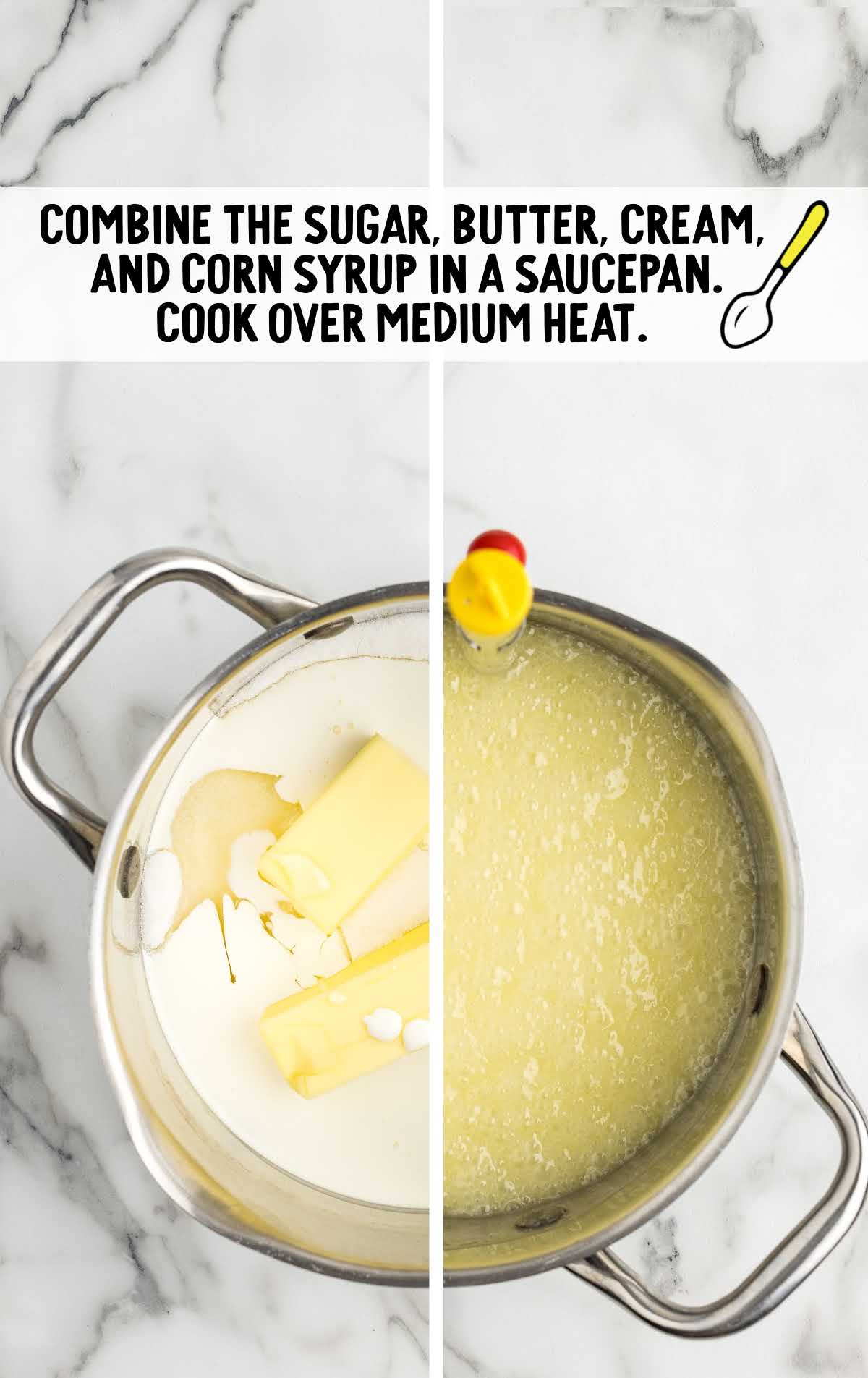 sugar, unsalted butter, heavy cream, and light corn syrup combined in a saucepan