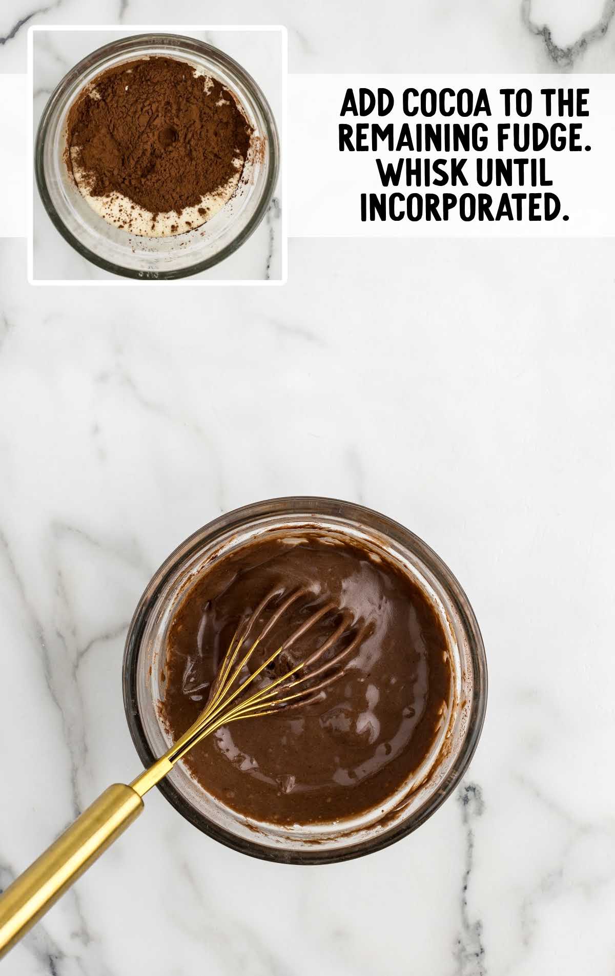 cocoa powder whisked into the fudge mixture in a bowl