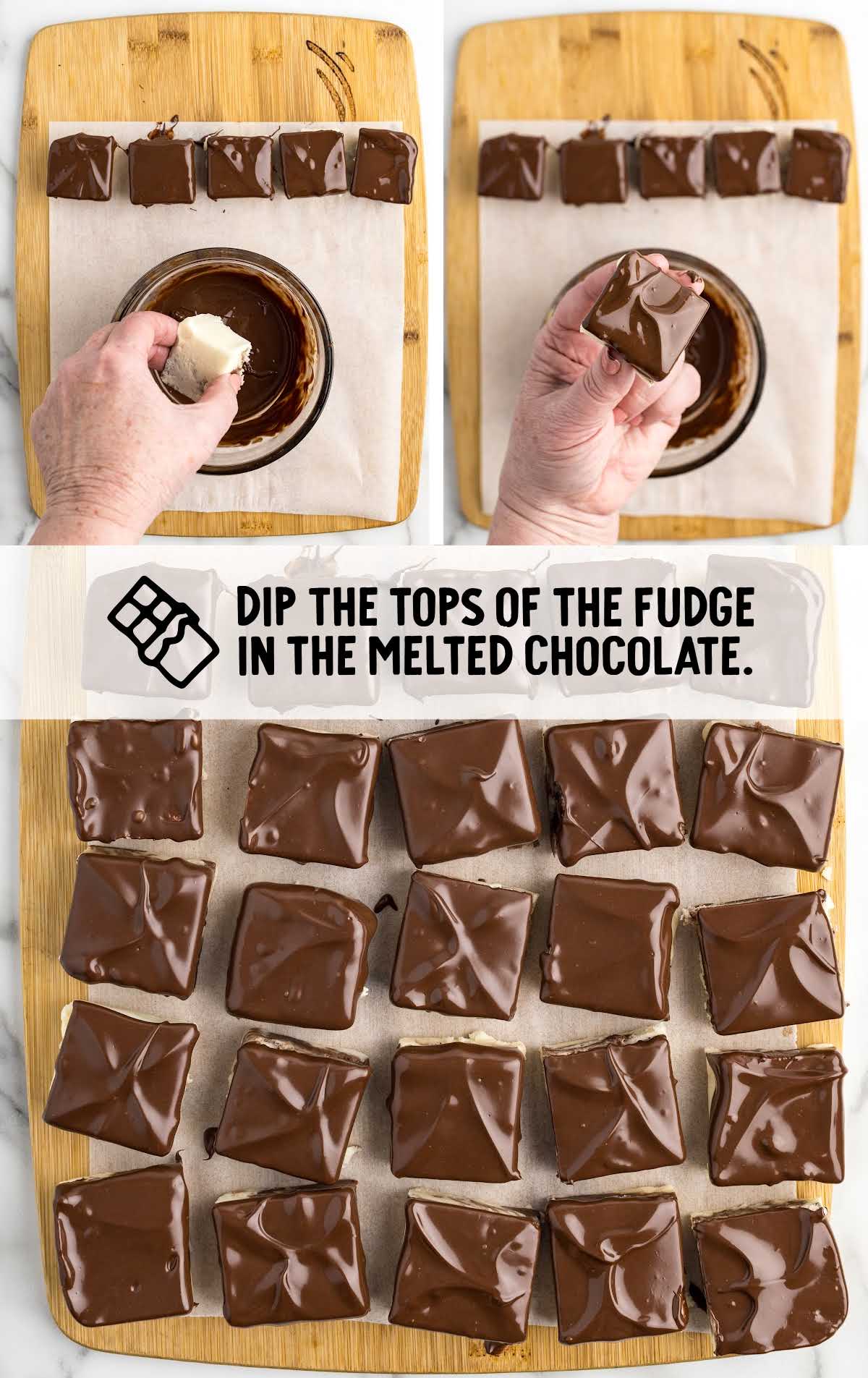 top of fudge dipped into a bowl of melted chocolate