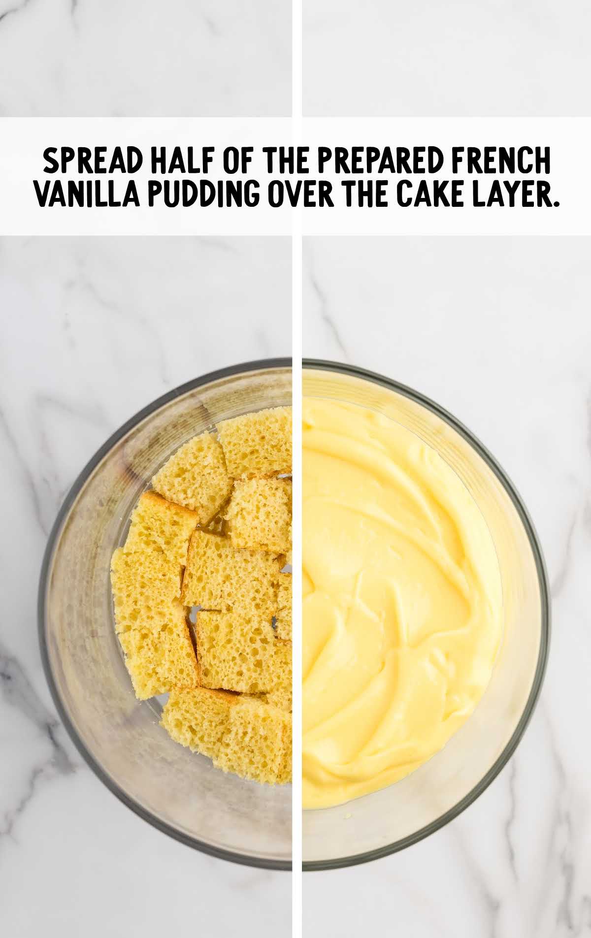 chilled pudding spread over the first layer of cake cubes