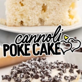 a slice of Cannoli Poke Cake on a plate