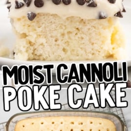 a slice of Cannoli Poke Cake on a plate