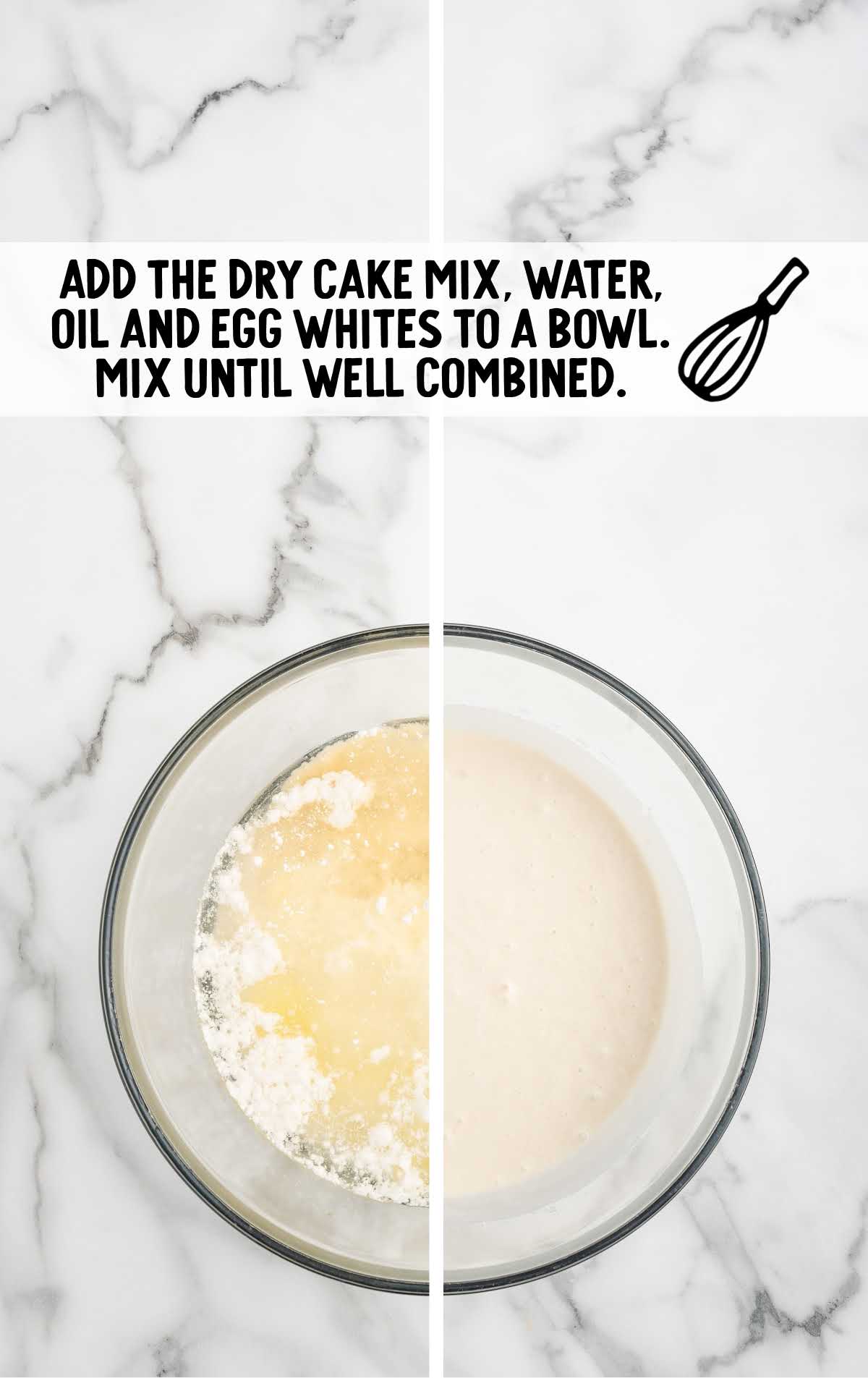 dry cake mix, water, vegetable oil, and egg whites combined in a bowl