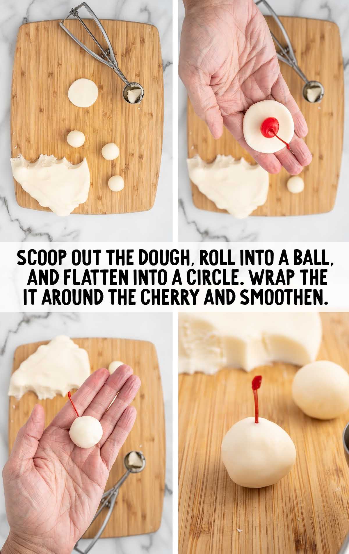 cherries placed into a ball of dough