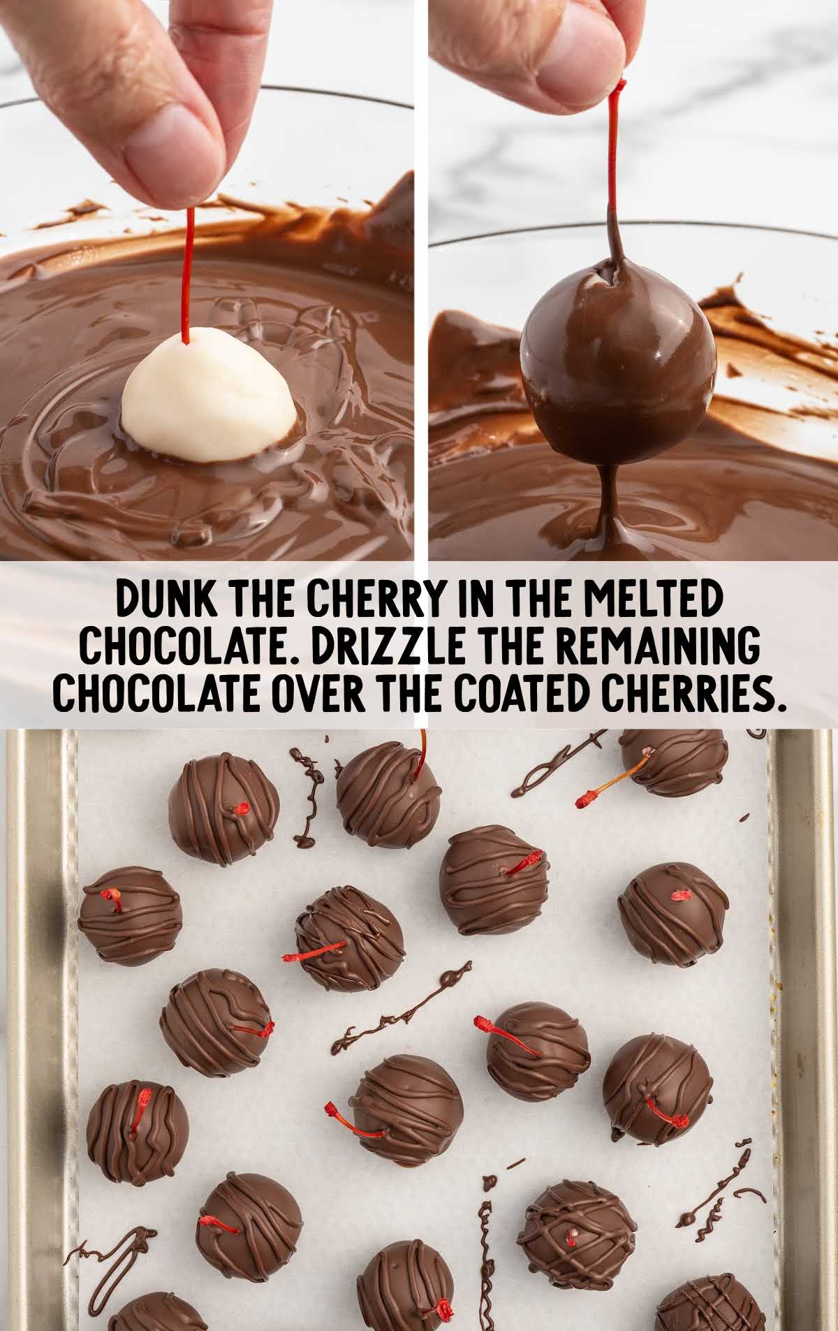 cherries dunked into a bowl of melted chocolate