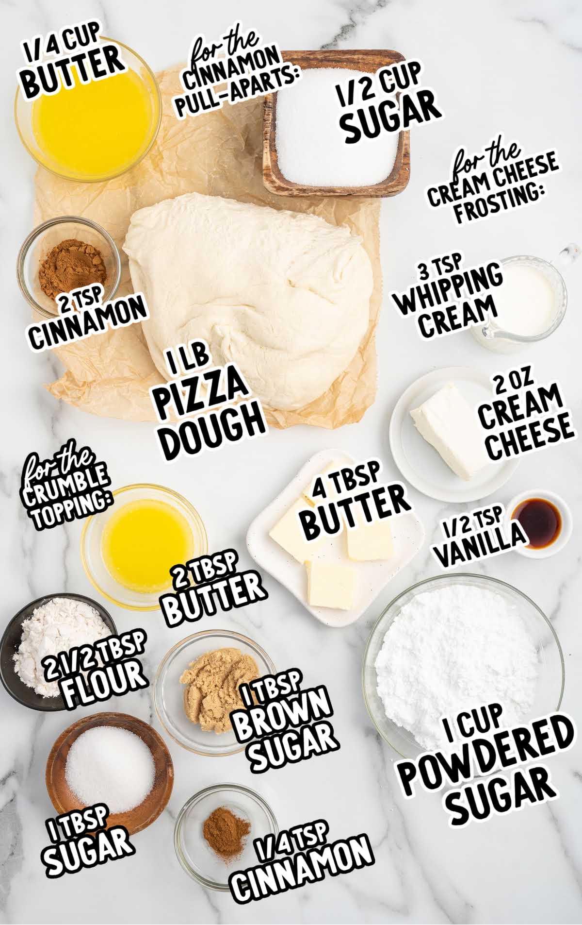 Cinnamon Pull Apart Bread raw ingredients that are labeled