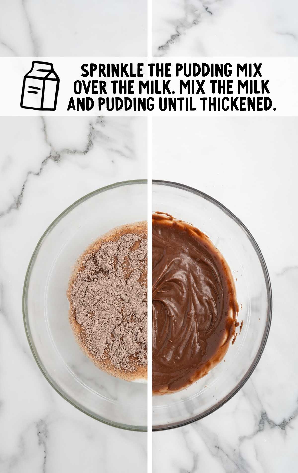 instant chocolate pudding mix added to the milk in a bowl