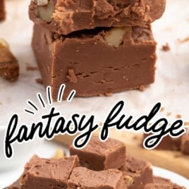 A close up shot of Fantasy Fudge Recipe stacked on top of each other with one having a bite taken out of it