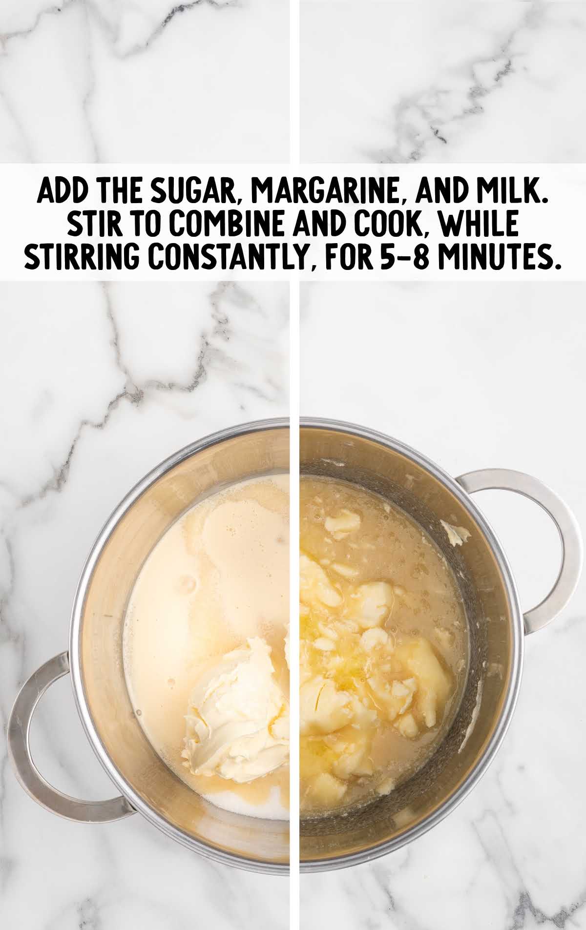 sugar, margarine, and milk combined together and stirred