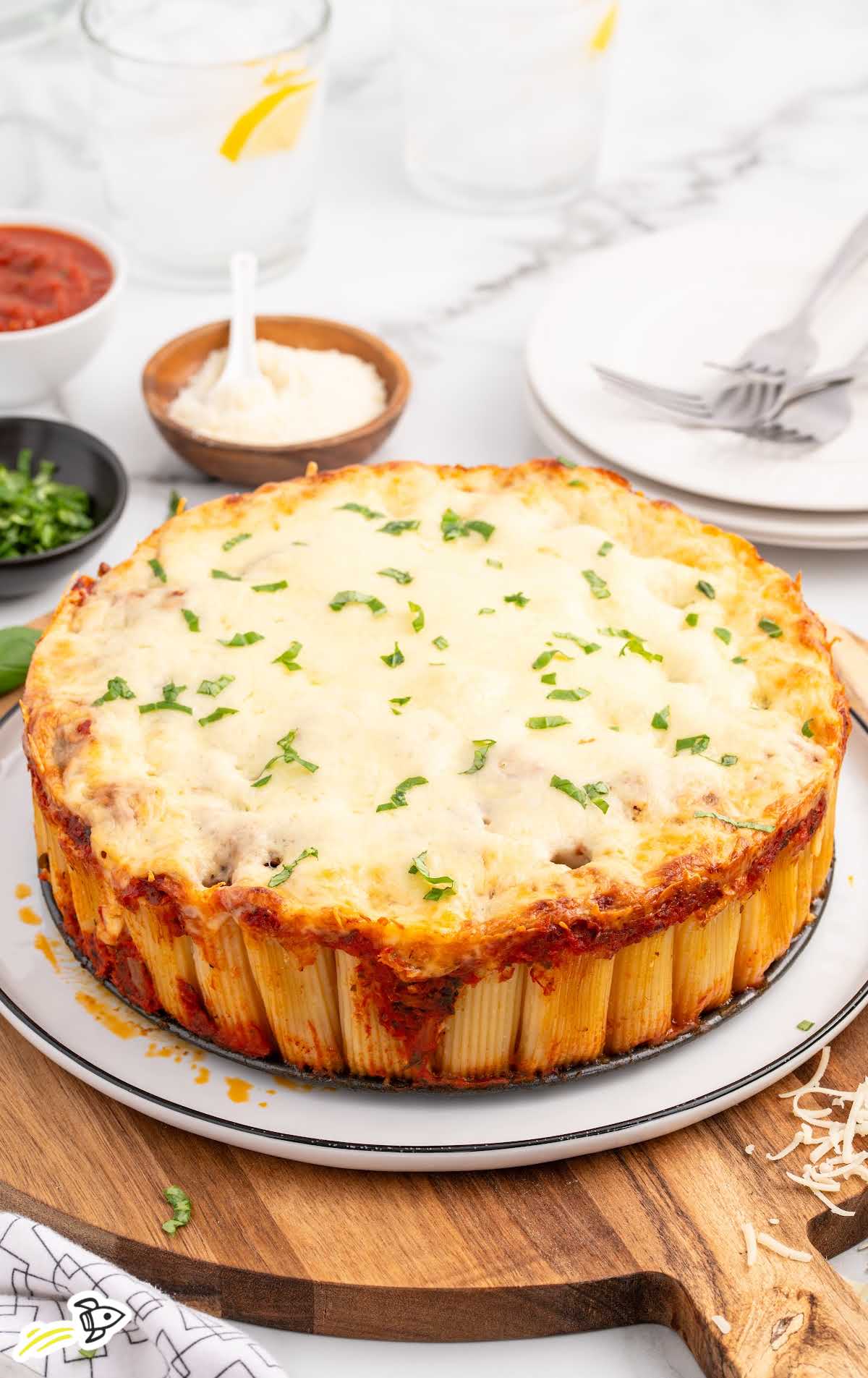 Honeycomb Pasta Bake garnished with basil on a plate