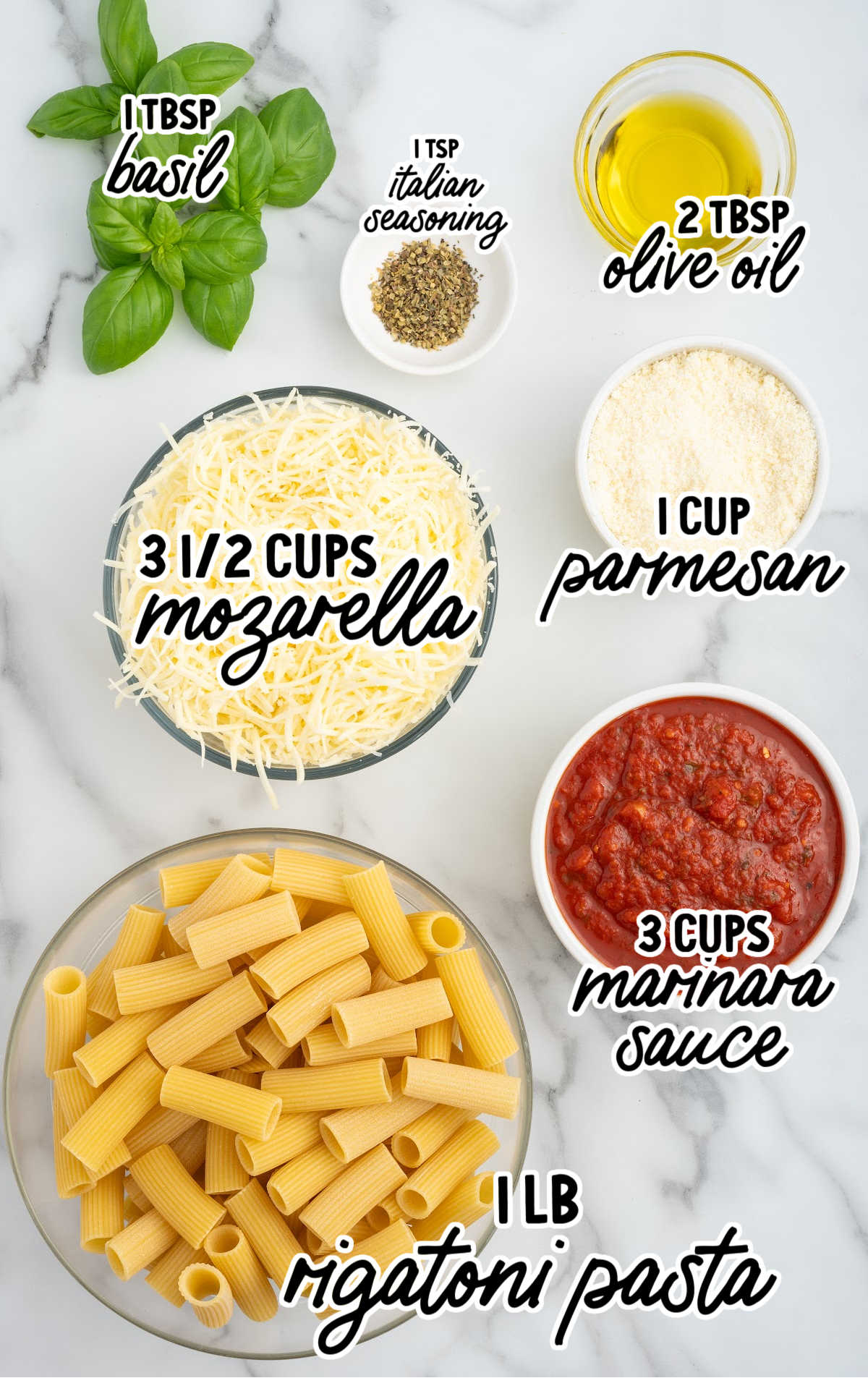 Honeycomb Pasta Bake raw ingredients that are labeled