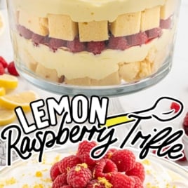 a trifle jar of Lemon Raspberry Trifle topped with raspberries and lemon zest