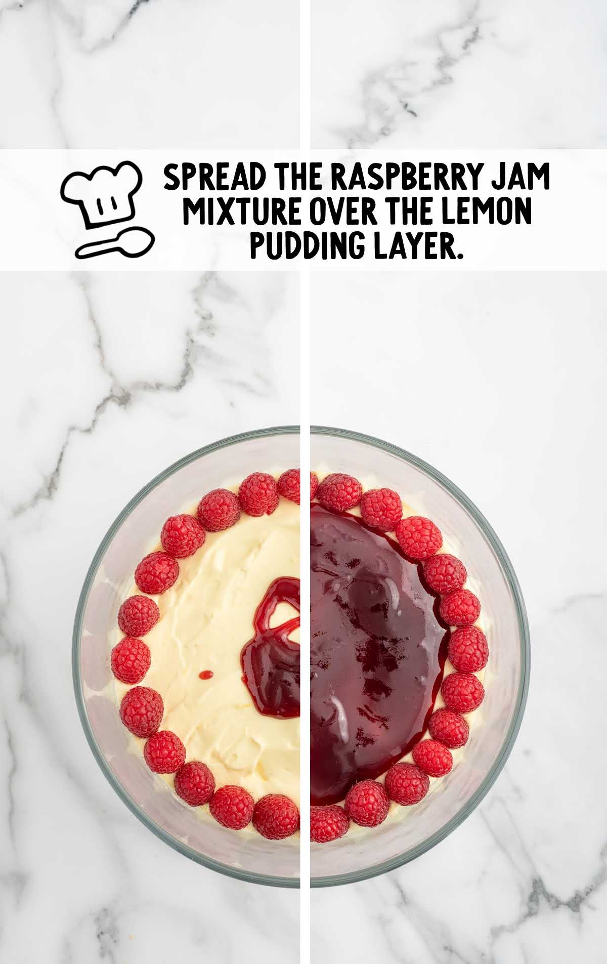 raspberry jam spread over the lemon pudding layer