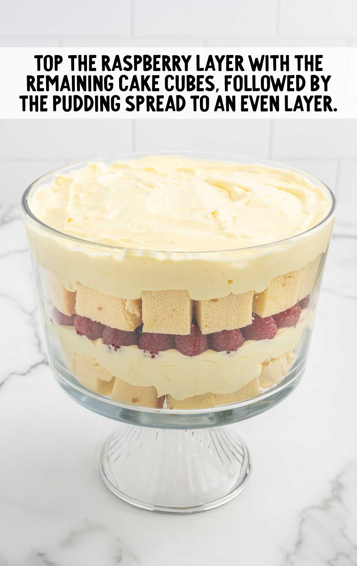 raspberry layer topped with cake cubes and pudding