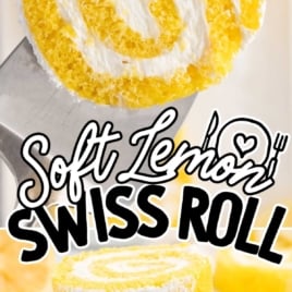 slices of Lemon Swiss Roll sprinkled with powdered sugar on a plate