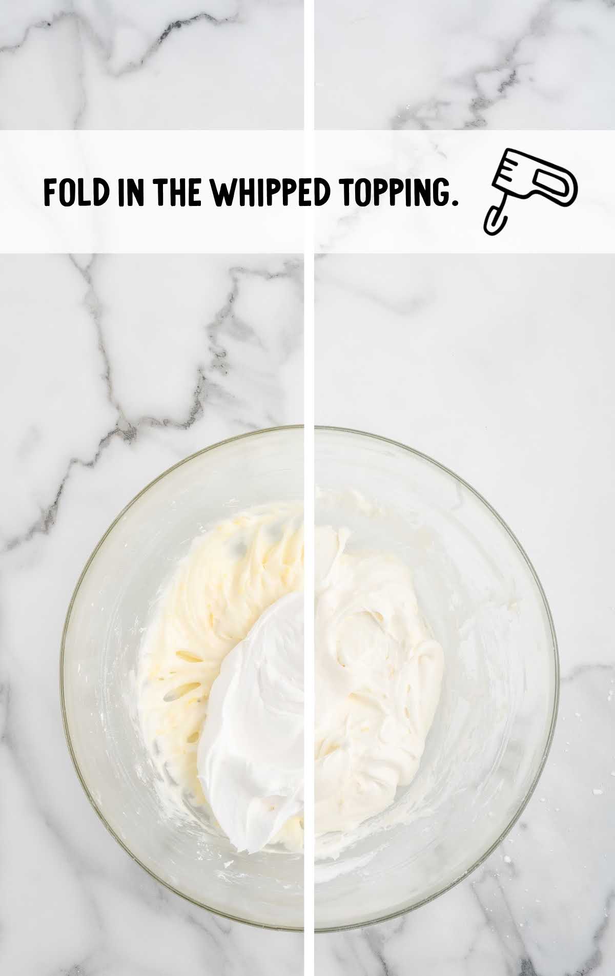 whipped topping folded into the ingredients in the bowl