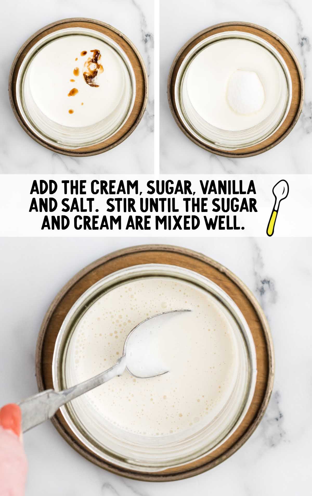 cold heavy cream, granulated sugar, vanilla extract, and table salt added to a Mason jar