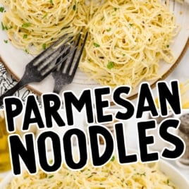 a plate of Parmesan Noodles garnished with parsley