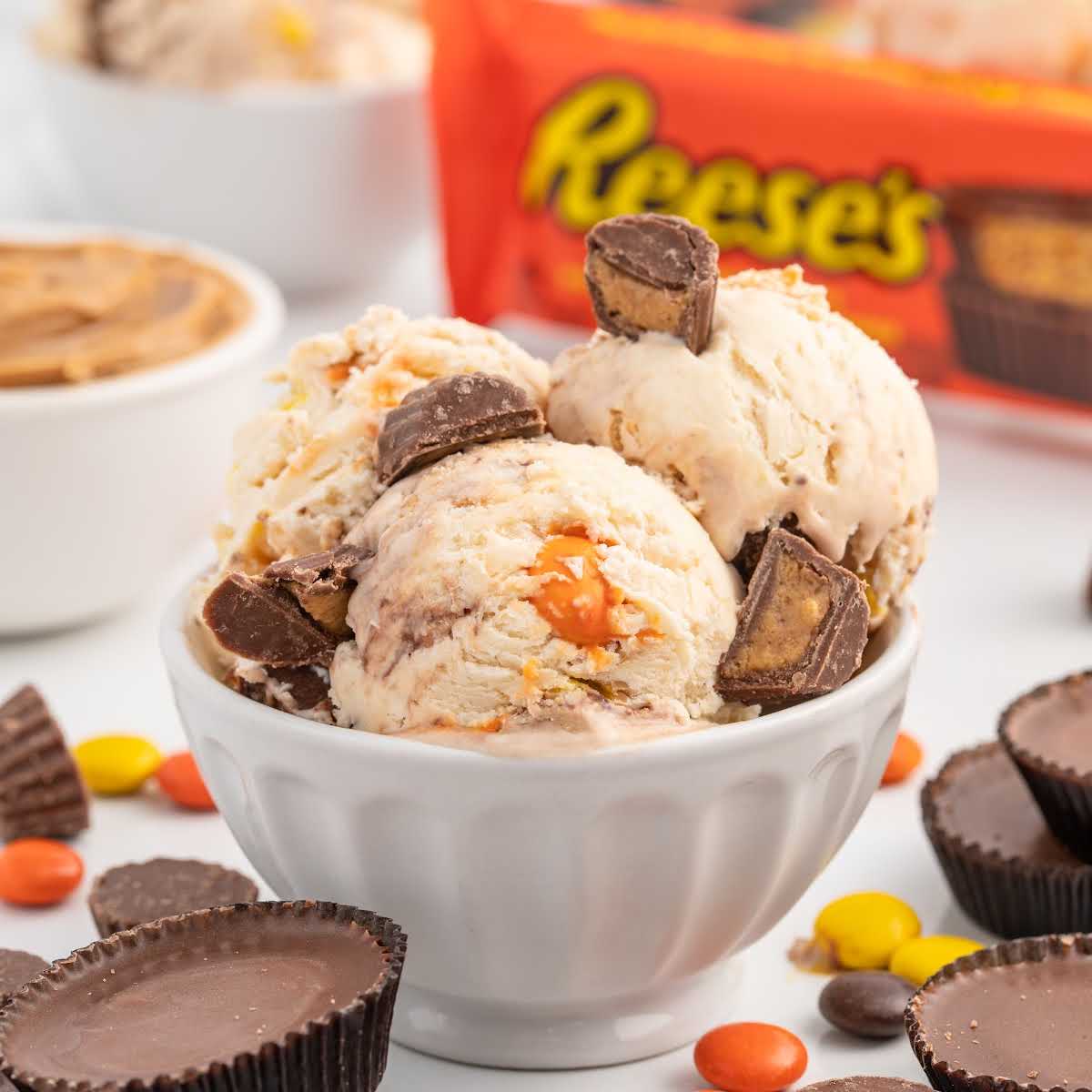 scoops of Peanut Butter Cup Ice Cream in a bowl