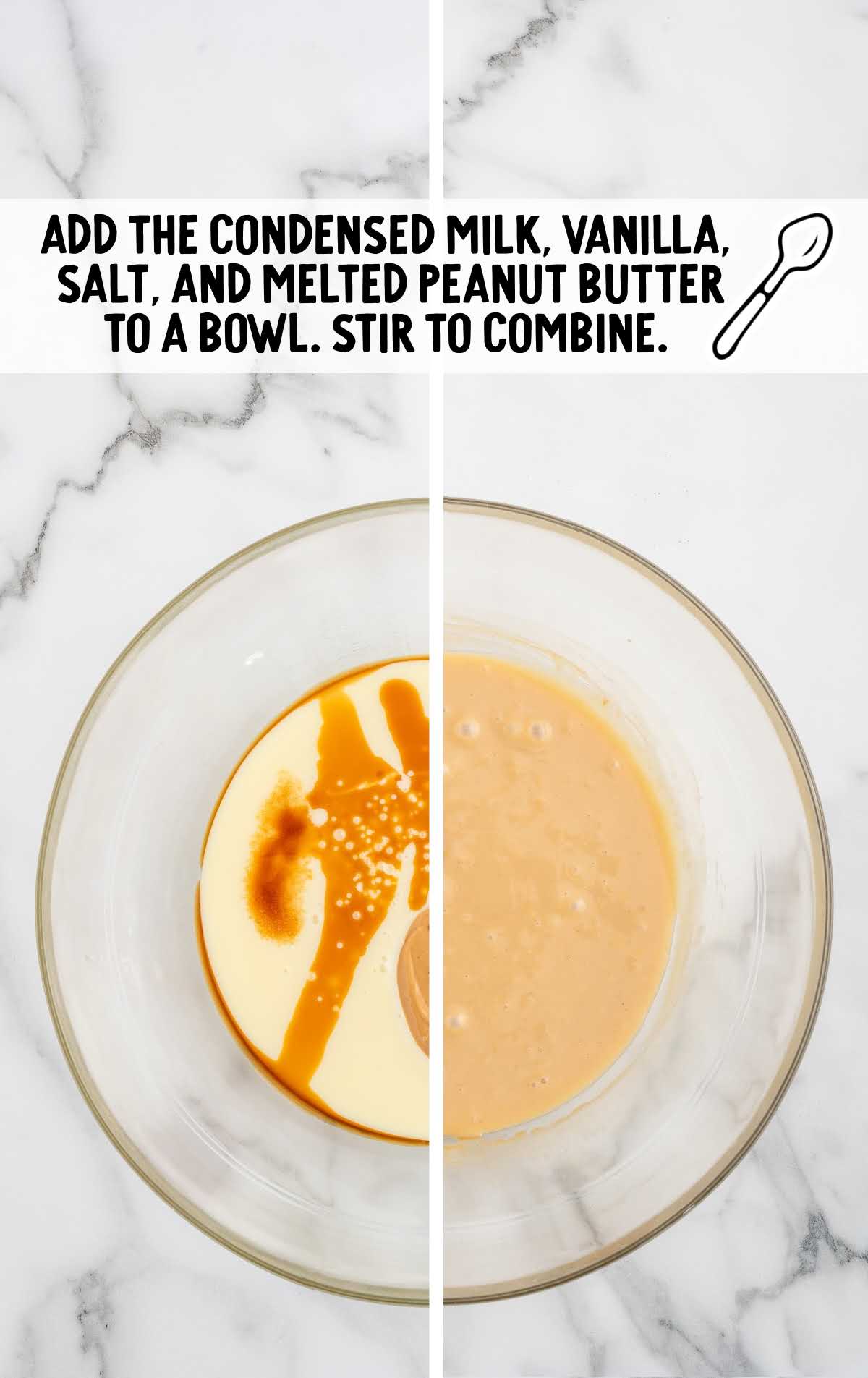 melted peanut butter with sweetened condensed milk, vanilla extract, and salt combined in a bowl