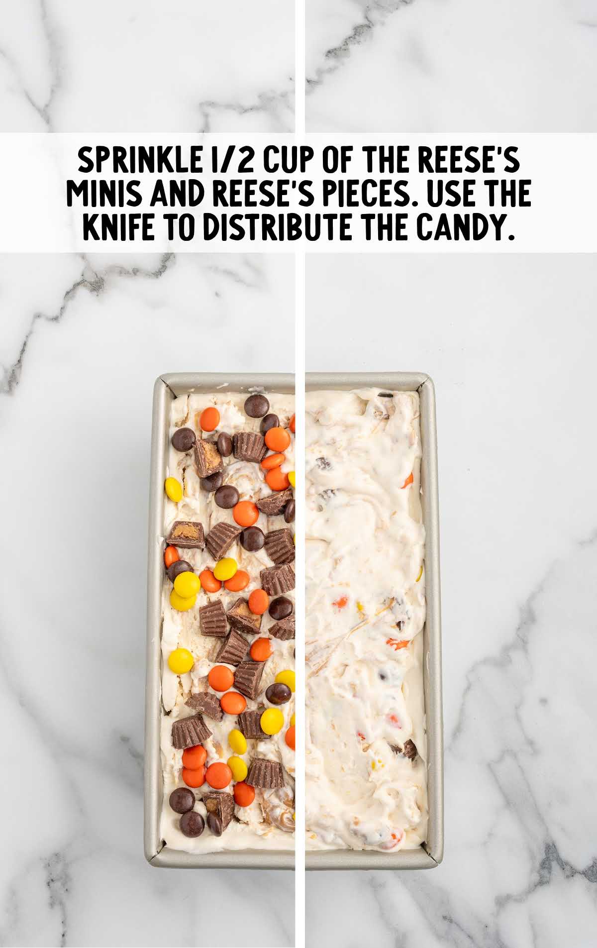 chopped peanut butter cups and Reese's Pieces sprinkled on top of the ice cream