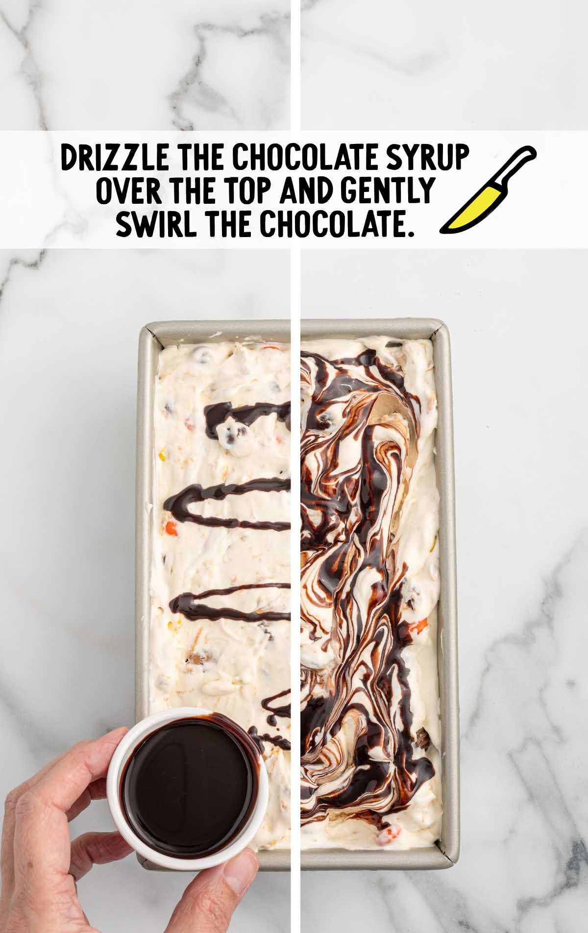 chocolate syrup drizzled on top of the ice cream