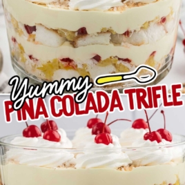 Pina Colada Trifle topped with whipped topping and cherries in a jar