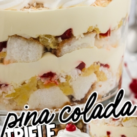 Pina Colada Trifle topped with whipped topping and cherries in a jar