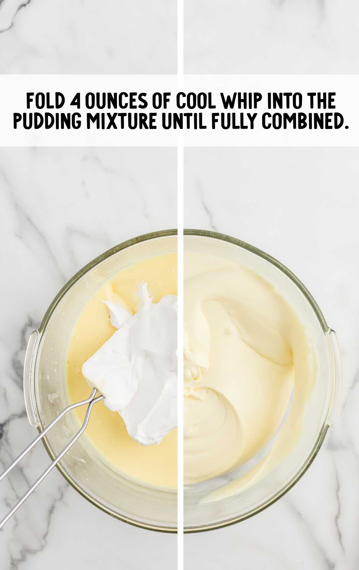 Cool Whip added into the thickened pudding mixture