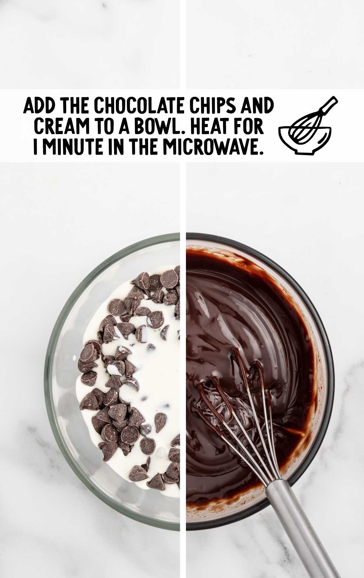 semi-sweet chocolate chips and heavy cream combined in a bowl