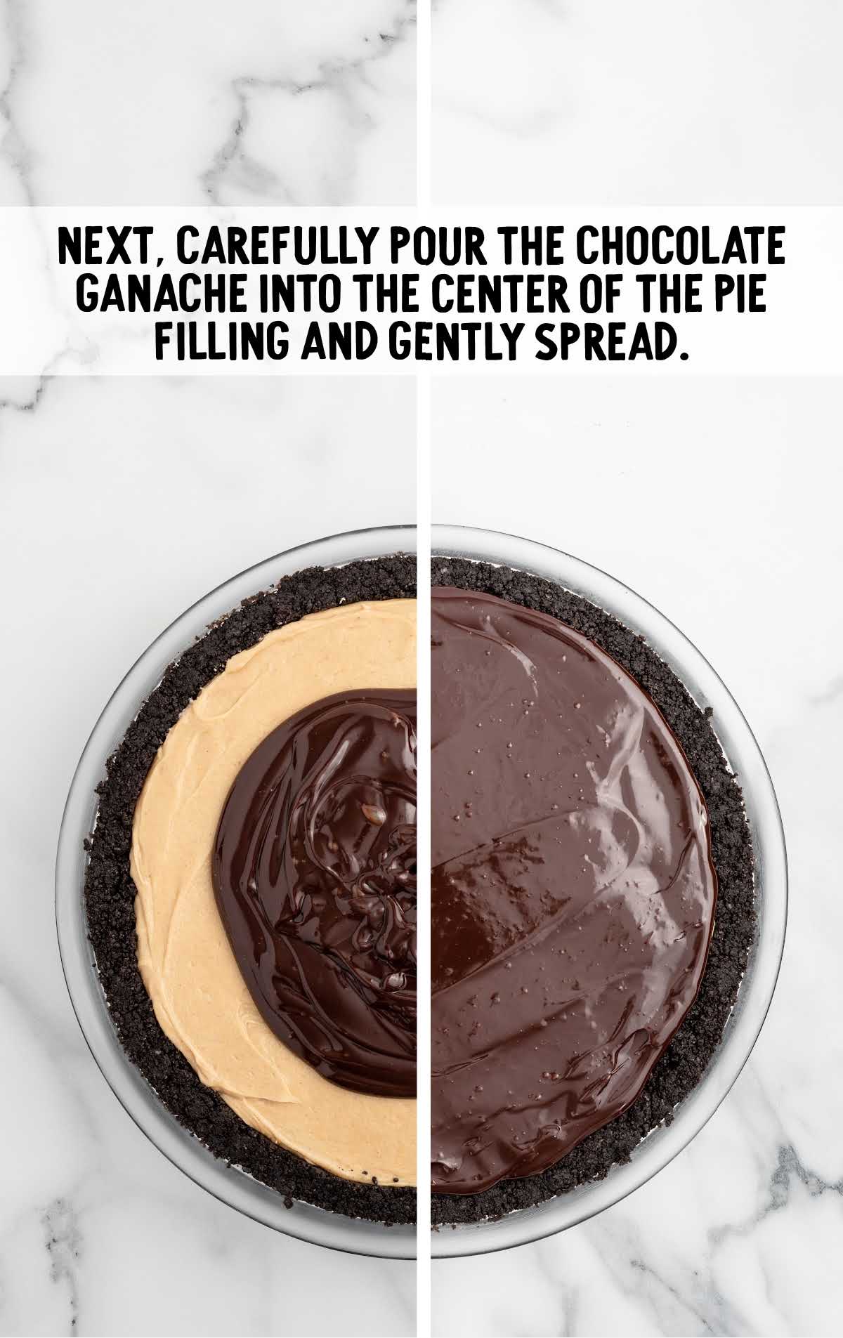 chocolate ganache poured into the center of the pie filling