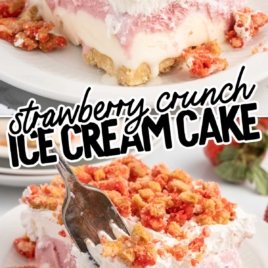 a slice of Strawberry Shortcake Ice Cream Cake on a plate with a fork
