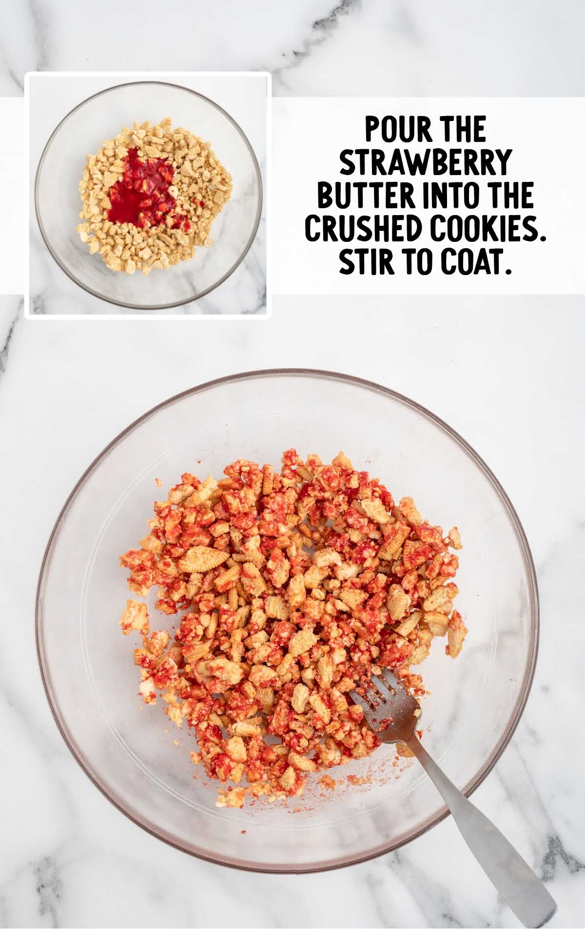 strawberry butter and crushed cookies combined in a bowl