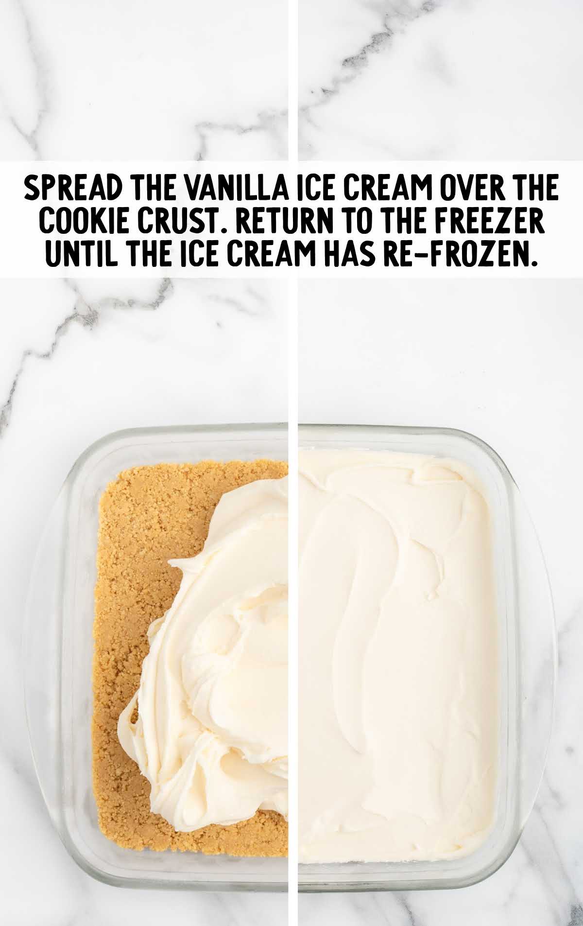 vanilla ice cream spread over the crust layer