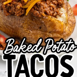 A baked potato stuffed with taco-seasoned ground beef, cheese, sour cream, guacamole, and diced tomatoes; below are six Baked Potato Tacos on a baking sheet, with the text Baked Potato Tacos.