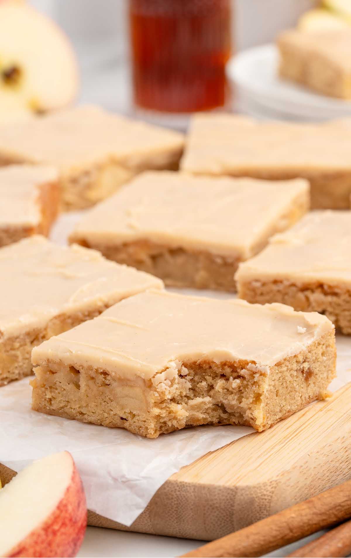 a bunch of Apple Brownies on a wooden board